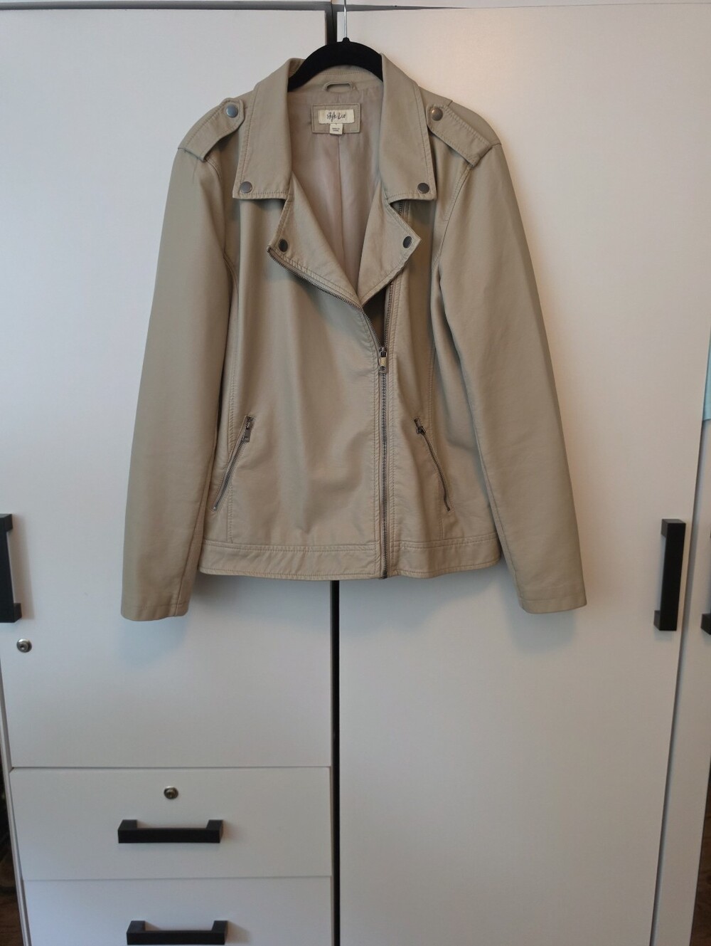 Style & Co. L Beige Faux Leather Moto Jacket